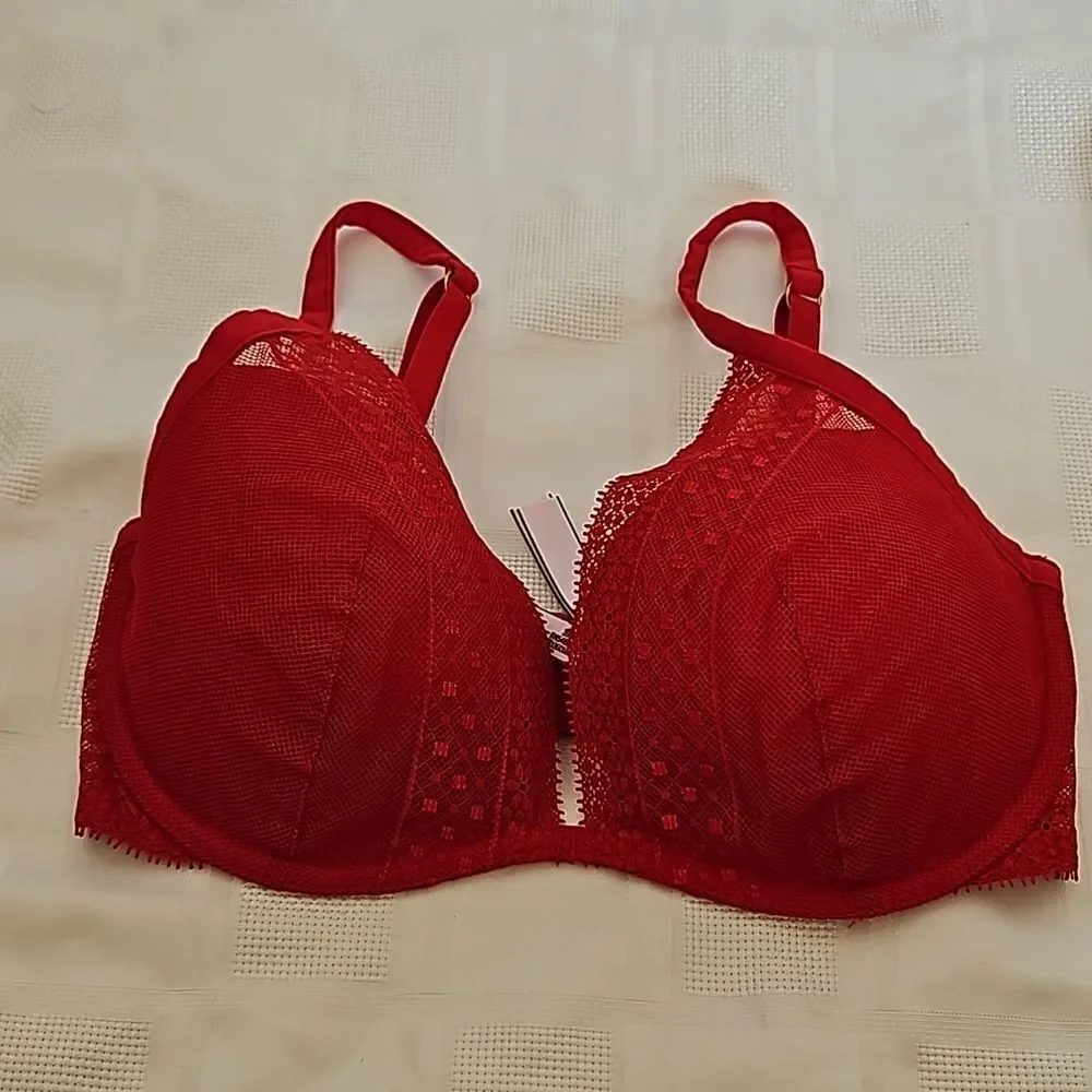 Victoria's Secret Women's Lace Underwire Lightly Padded Plunge Bra Red 32DD - Picture 14 of 16